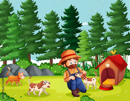 Farmer with animal farm in farm scene in cartoon style