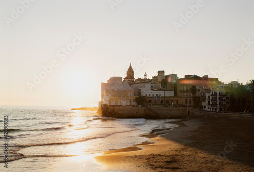 Sunset over beach, Sitges, Catalonia, Spain