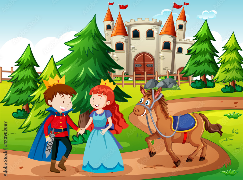 Fototapeta premium Scene with prince and princess at the castle