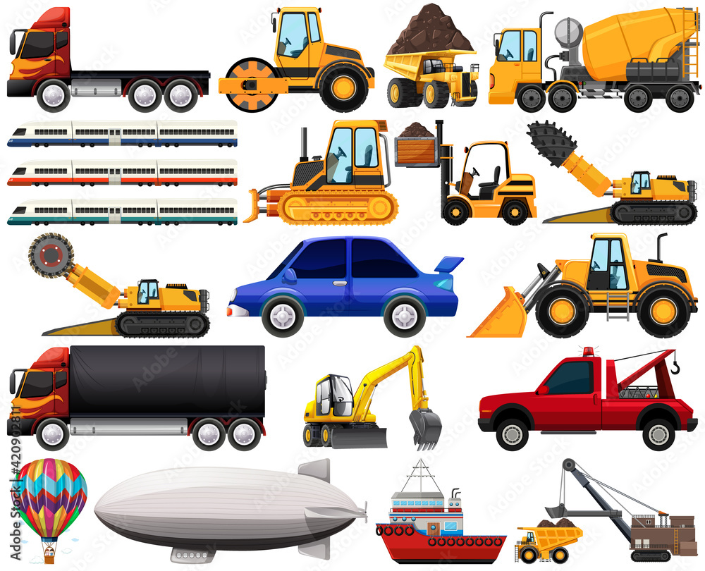 Fototapeta premium Set of different kind of cars and trucks isolated on white background