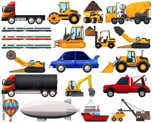 Set of different kind of cars and trucks isolated on white background