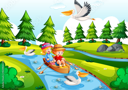 Two children row the boat in the river park scene