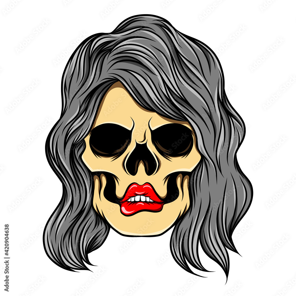The art work of the coloured women skull with the wavy high volume hair