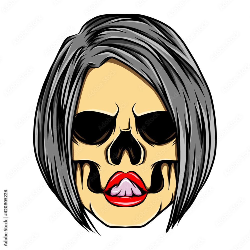 The glossy coloured sexy women skull with the bob asymmetries hair style