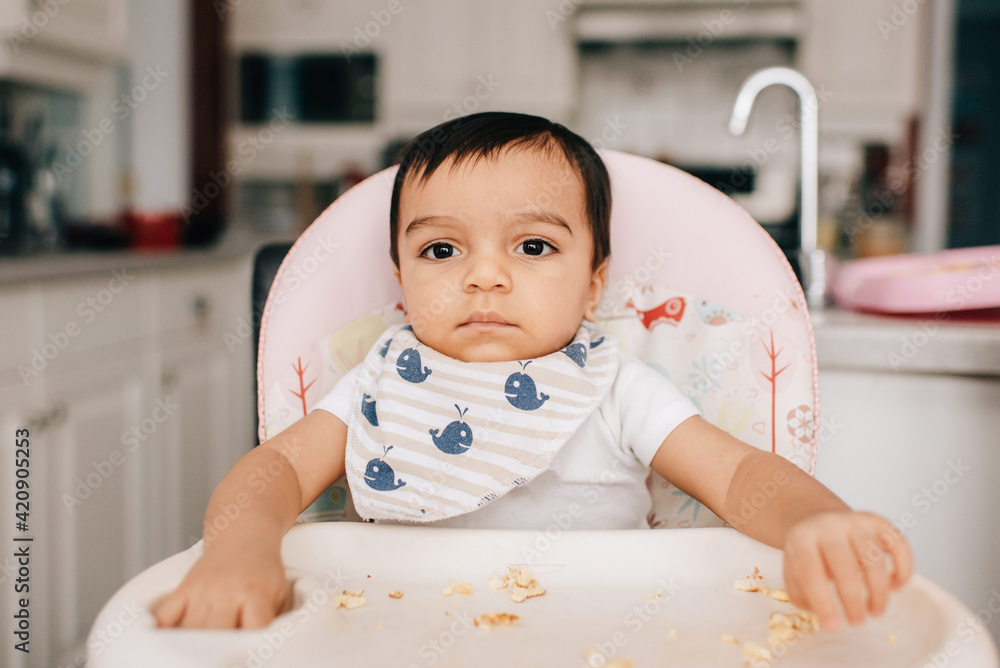 Cute baby boy sitting in high chair, portrait Cute baby boy sitting in high chair, portrait