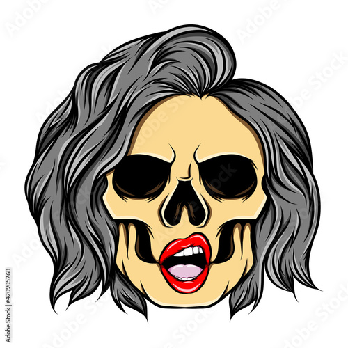The art work of the girl skull with the hole eyes and flipped under ends hair style