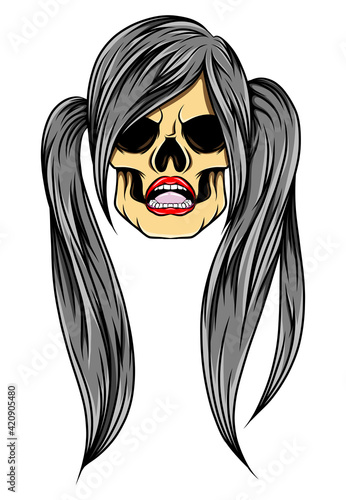 The unique women skull with the twin pony tail for the tattoo inspiration