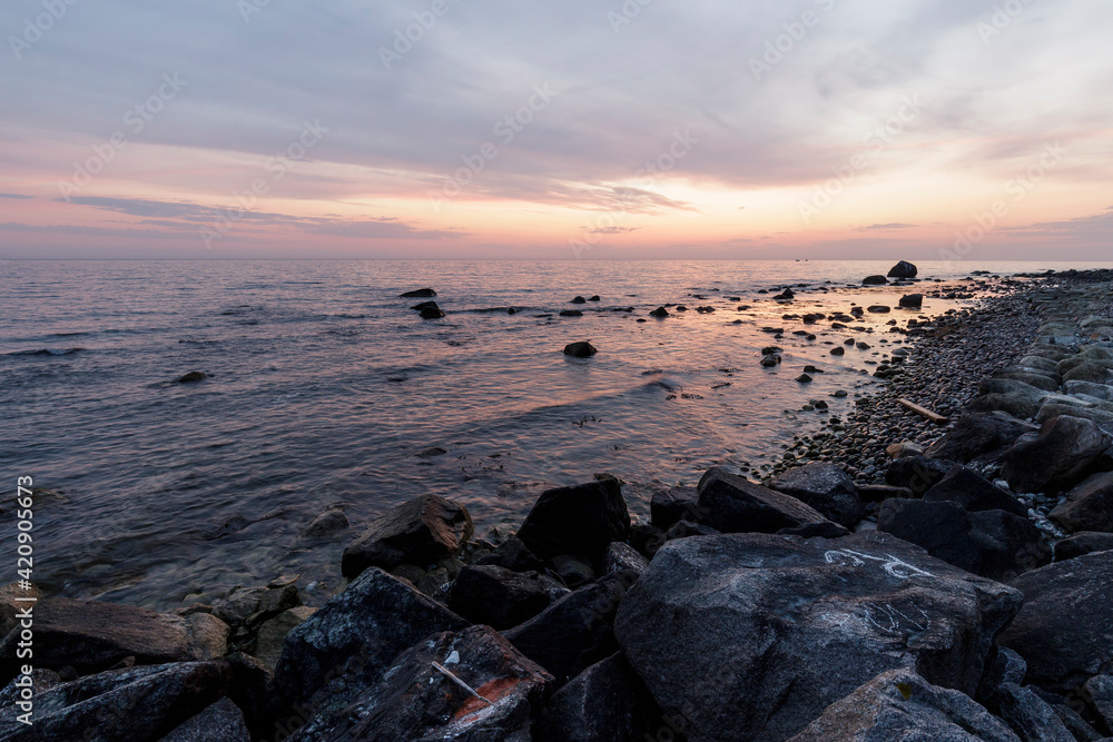 Seascape with rocky beach at sunset, Jasmund National Park, Sassnitz, Rugen, Mecklenburg-Vorpommern, Germany Seascape with rocky beach at sunset, Jasmund National Park, Sassnitz, Rugen, Mecklenburg-Vorpommern, Germany