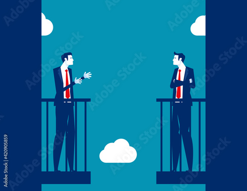 Two people communicating at a distance from balconies. Communicate concept