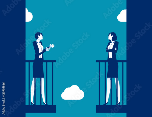 Two people communicating at a distance from balconies. Communicate concept