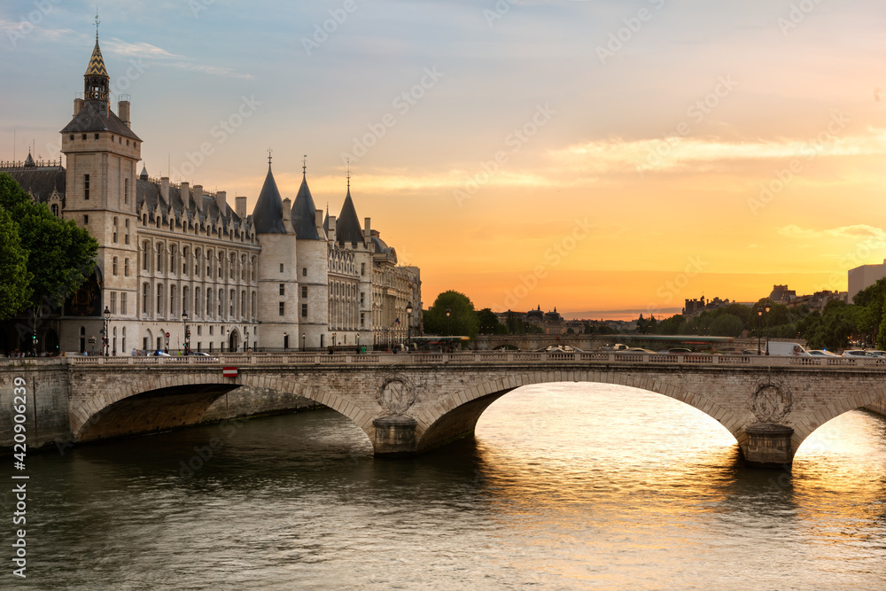 Boat tour on Seine river in Paris with sunset. Paris, France Boat tour on Seine river in Paris with sunset. Paris, France
