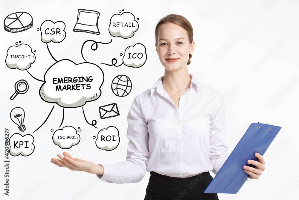Business, technology, internet and network concept. Young businessman thinks over the steps for successful growth: Emerging markets Business, technology, internet and network concept. Young businessman thinks over the steps for successful growth: Emerging markets