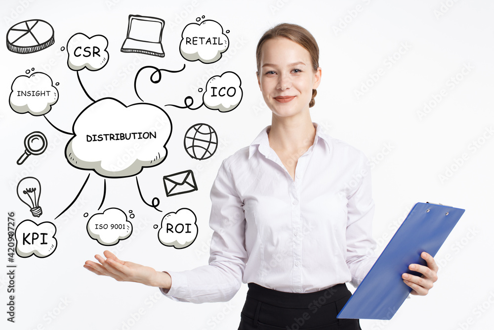Business, technology, internet and network concept. Young businessman thinks over the steps for successful growth: Distribution Business, technology, internet and network concept. Young businessman thinks over the steps for successful growth: Distribution