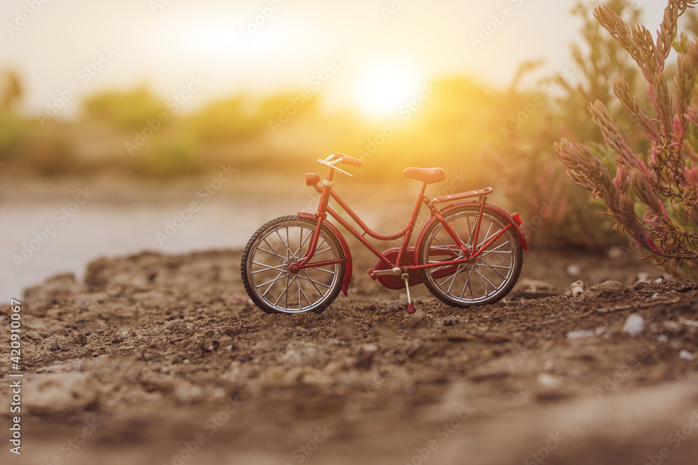 Red bicycle parking outdoor in nature summer holiday sunset background copy spec Red bicycle parking outdoor in nature summer holiday sunset background copy spec