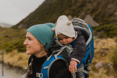 Wallpaper Mural Hiker and baby exploring trail, Wanaka, Taranaki, New Zealand Torontodigital.ca
