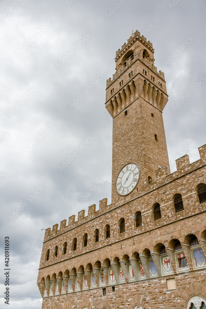 Detail of the Palazzo Vecchio and its tower in Florence, Italy.