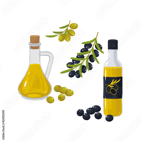 Olive oil in two containers, a jug and a bottle with olives and olive branches. Vector illustration isolated, cartoon, icon, symbol, object, sticker, design element for menu, poster, label, packaging