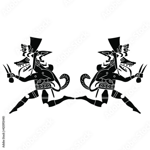 Symmetrical design with two running anthropomorphic coyotes or foxes. Native American trickster hero. Ancient Peruvian animal art of Moche or Mochica Indians. Black and white silhouette. photo