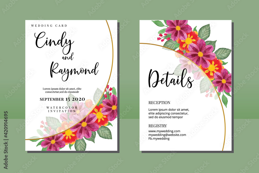 Wedding invitation frame set, floral watercolor hand drawn Dahlia Flower design Invitation Card Template
