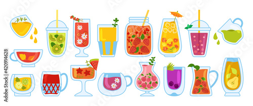 Hawaii cocktails, summer glass, cup, jar, and glass juice cartoon set. Tropical Strawberry Lemonade and Tea, Orange fresh Smoothie mug menu. Glass drinks hand drawn flat design. Vector illustration