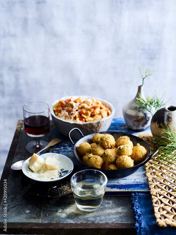 Prawn salad and fritter dish served with red wine Prawn salad and fritter dish served with red wine