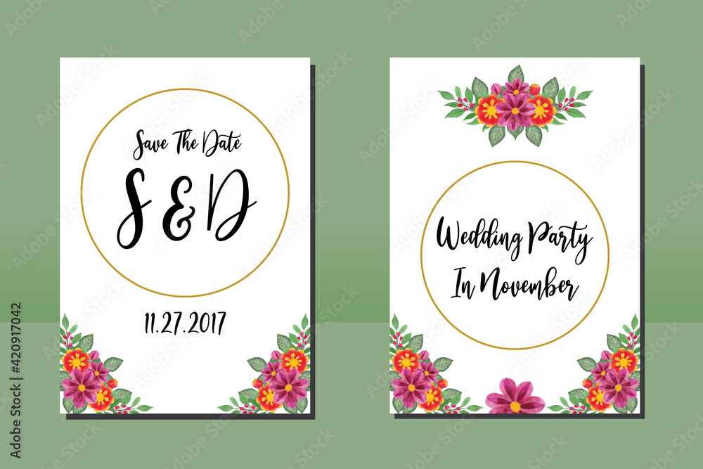 Wedding invitation frame set, floral watercolor hand drawn Dahlia Flower design Invitation Card Template
