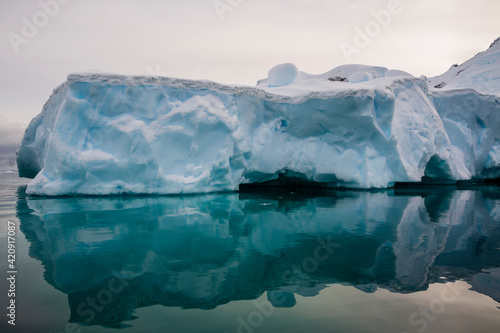 Reflections of ice shelf, Skontorp Cove, Paradise Bay, Antarctica photo
