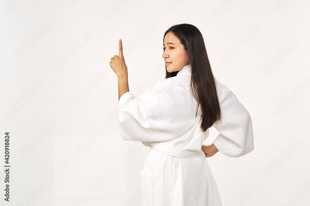 Beautiful girl wearing white bathrobe Beautiful girl wearing white bathrobe