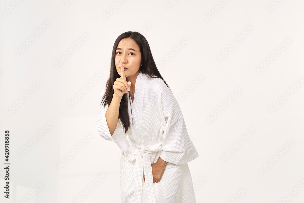 Beautiful girl wearing white bathrobe Beautiful girl wearing white bathrobe