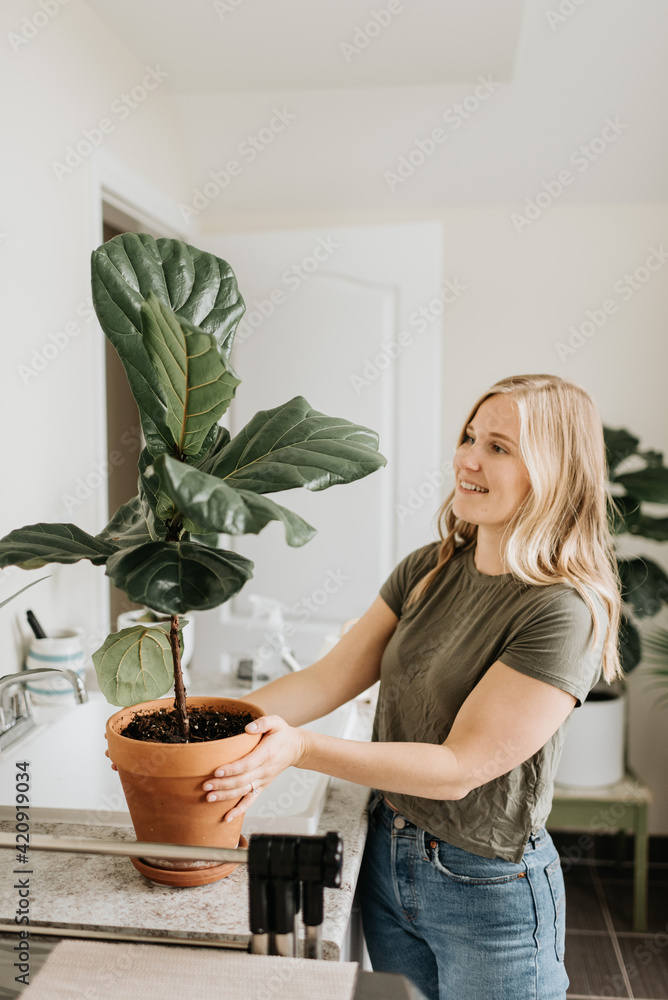 Woman admiring her house plant Woman admiring her house plant