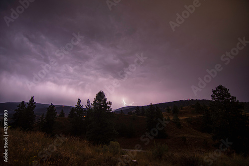 Lightning bolts during thunderstorm over Okanagan Valley, British Columbia, Canada