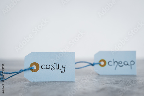Cheap vs Costly prioduct price tags next to each other symbol of options for the customer, money and consumer behaviour