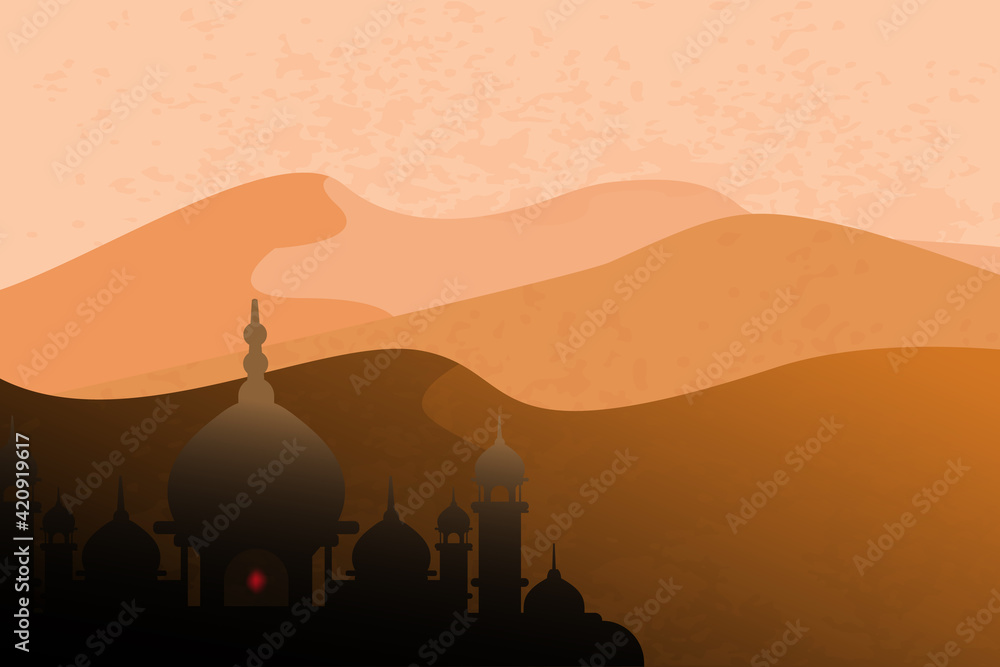 Mosque on the mountain in the morning. Ramadhan holy month. Vector illustration