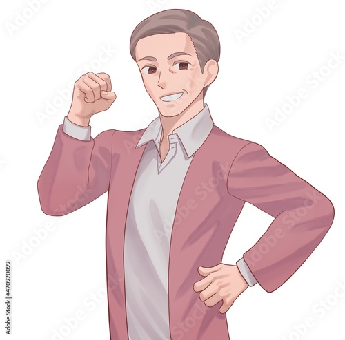 健康で調子がいい中年の男性(おじさん)、ガッツポーズ