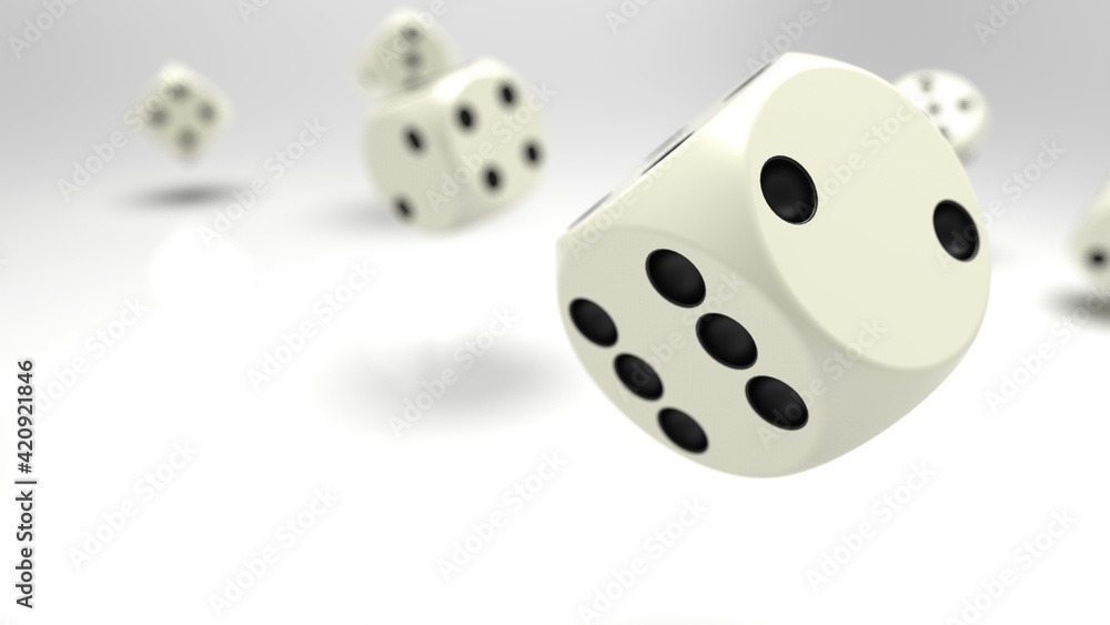 Rolling white-black dices under white background. 3D CG. 3D illustration. 3D high quality rendering. Rolling white-black dices under white background. 3D CG. 3D illustration. 3D high quality rendering.