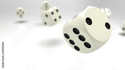 Rolling white-black dices under white background. 3D CG. 3D illustration. 3D high quality rendering.