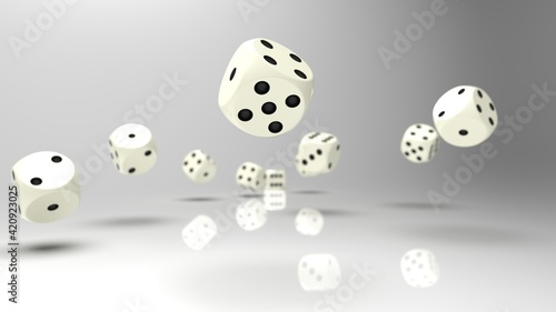 Rolling white-black dices under white background. 3D CG. 3D illustration. 3D high quality rendering.