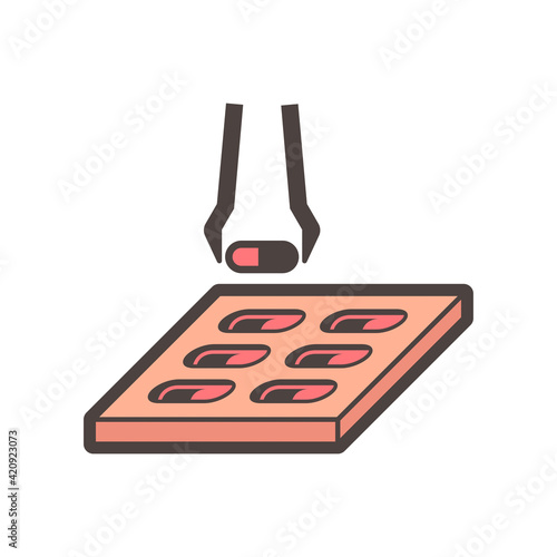 Pharmaceutical and supplement manufacturing industry vector icon. Consist of tweezer filling capsule tablet product in capsule blister packing sheet. For healthy, healthcare, remedy and illness.