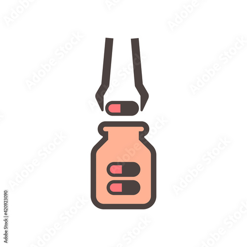 Pharmaceutical and supplement manufacturing industry vector icon. Consist of tweezer filling capsule of drug or medical product in bottle packaging. For healthcare, medical and remedy design element.