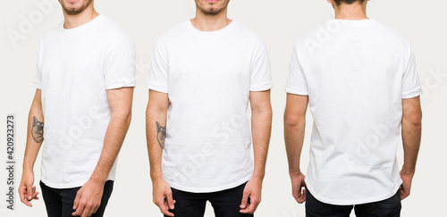 Latin man posing with a casual mockup white t-shirt