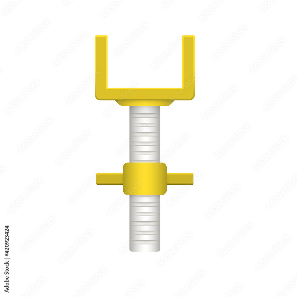 U-head jack scaffolding vector design. Part of modular frame scaffold system. Consist of adjustable screw and U-shape of steel to hold square beam and adjust level. For built formwork, work platform. U-head jack scaffolding vector design. Part of modular frame scaffold system. Consist of adjustable screw and U-shape of steel to hold square beam and adjust level. For built formwork, work platform.