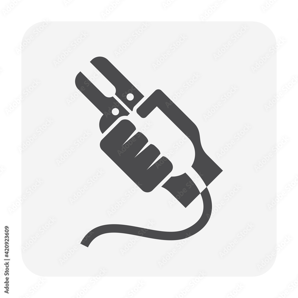 Welding electrode holder and hand welder vector icon. Also called welding rod stick or manual metal arc welding (MMA). Use to hold coated electrode and connect to engine driven welder by cable. Welding electrode holder and hand welder vector icon. Also called welding rod stick or manual metal arc welding (MMA). Use to hold coated electrode and connect to engine driven welder by cable.