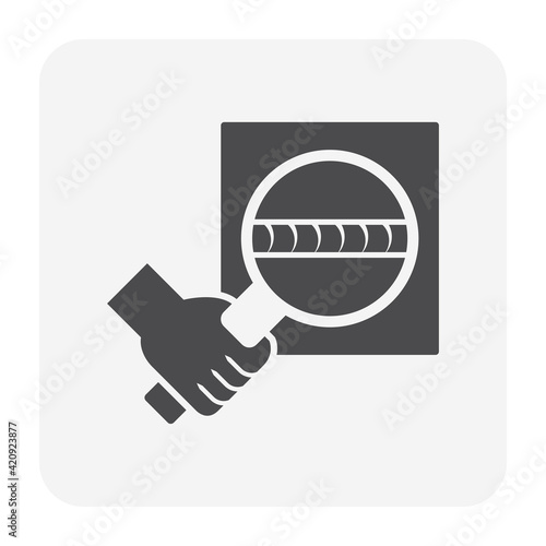 Welding quality inspection check vector icon. Consist of workpiece, inspector, butt or fillet and magnifying glass tool. To find crack, destructive or defect of weld joint. Good location and coverage.