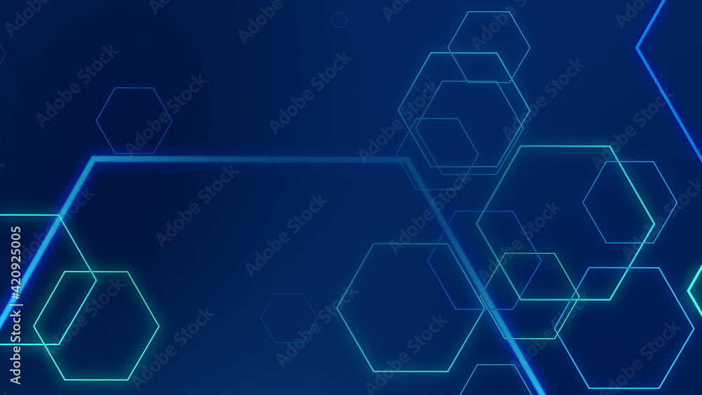 Fototapeta premium Hexagon geometric blue neon lights technology Hi-tech dark background. Abstract graphic digital future science concept design.