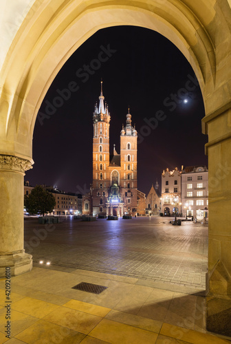 Evening view of the Saint Mary’s Basilica, Krakow, Poland during the Corona virus crisis.