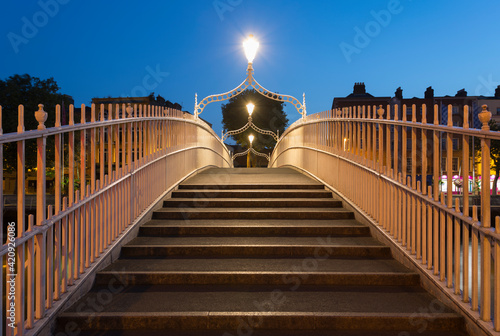 View across an empty Ha'penny Bridge, Dublin, Ireland during the Corona virus crisis. photo