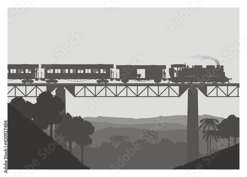 Steam locomotive pulling passenger train and passing high bridge. Simple flat illustration.