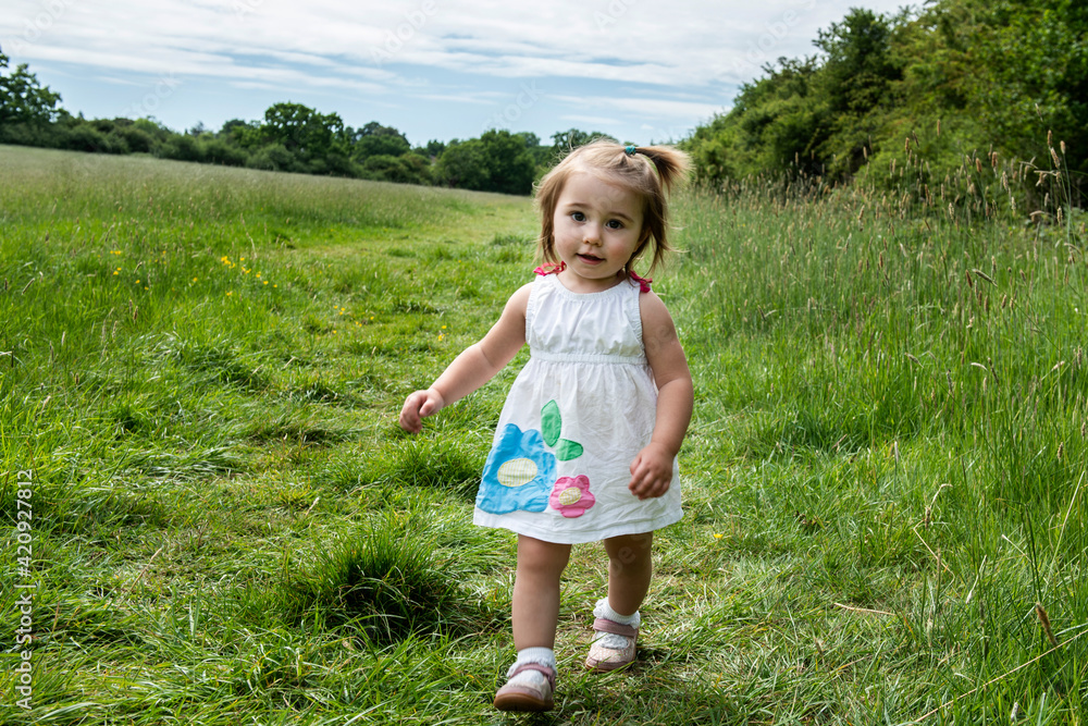 Portrait of young girl in white dress walking on a meadow, looking at camera. Portrait of young girl in white dress walking on a meadow, looking at camera.