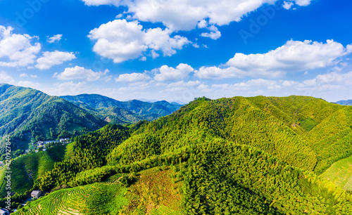 Aerial view of mountain valley and green forest in Hangzhou China.