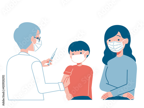 注射をする医者と親子のイラスト